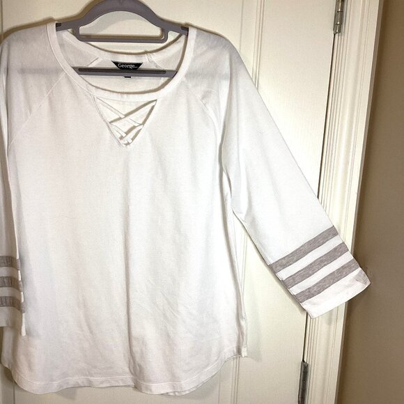 George Women's White Long Sleeve Top Semi Sheer T-Shirt Size L Casual Stretchy - Picture 3 of 7